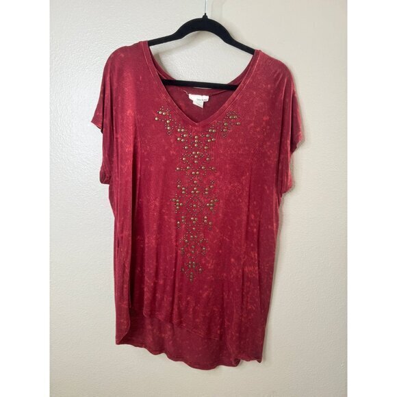 Tru Self Women's Red Blouse Size X-large short sleeve v-neck rayon long shirt - Picture 2 of 8
